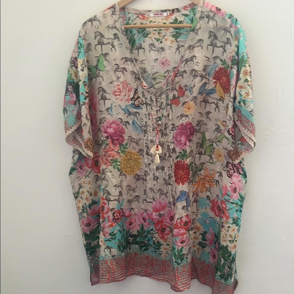 Johnny Was Floral and Butterfly Tunic in Cream, Pink, Green, Teal